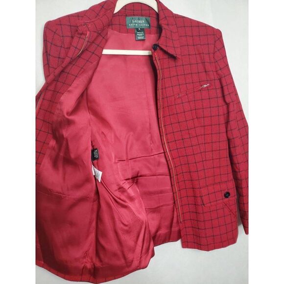 Lauren Ralph Lauren Window Pane Plaid Academia Red Wool Blazer Full Zip Jacket - Picture 3 of 11